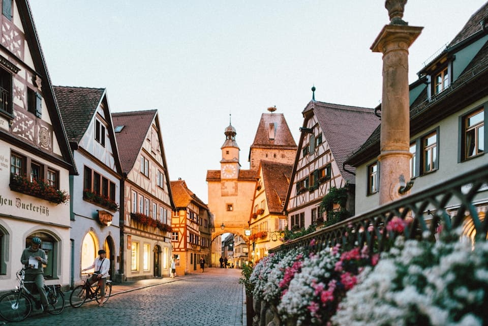 European city rooftops at sunset