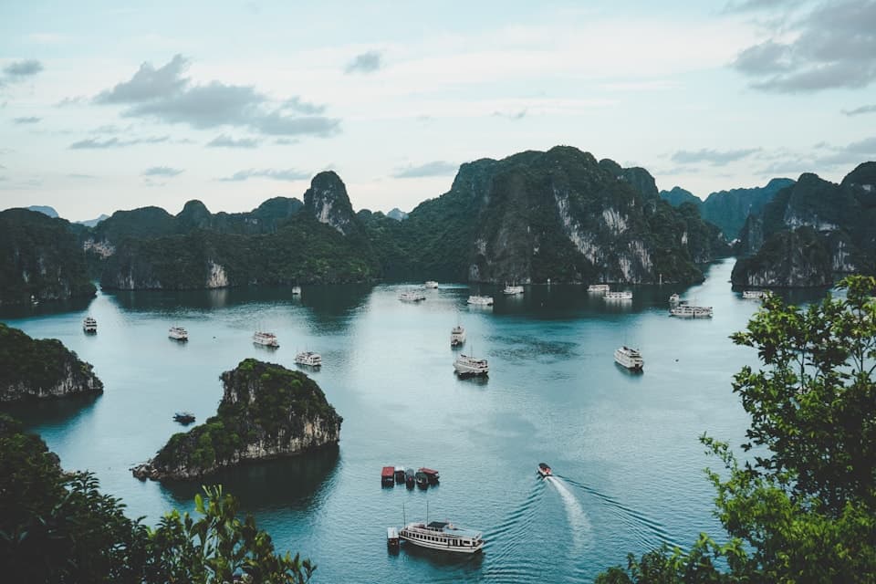 Golden bridge over green hills in Vietnam